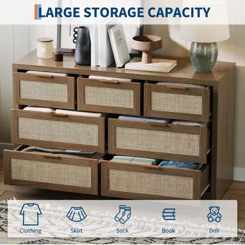 7 Drawers Dresser, 52 W Rattan Dresser, Modern Chest of Drawers with Metal Handle, Wood Closet Clothes Storage, for Living Room, Hallway, TV Stand