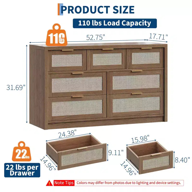 7 Drawers Dresser, 52 W Rattan Dresser, Modern Chest of Drawers with Metal Handle, Wood Closet Clothes Storage, for Living Room, Hallway, TV Stand