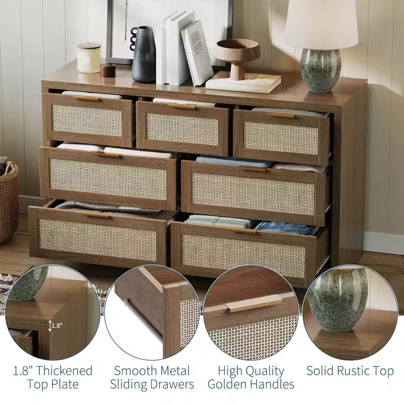 7 Drawers Dresser, 52 W Rattan Dresser, Modern Chest of Drawers with Metal Handle, Wood Closet Clothes Storage, for Living Room, Hallway, TV Stand