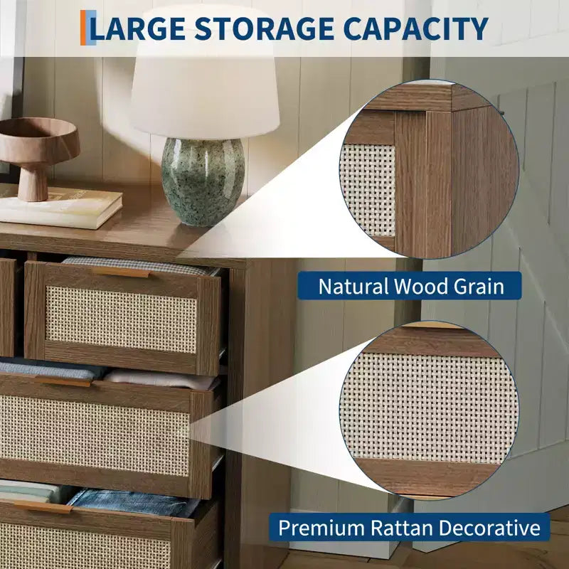 7 Drawers Dresser, 52 W Rattan Dresser, Modern Chest of Drawers with Metal Handle, Wood Closet Clothes Storage, for Living Room, Hallway, TV Stand