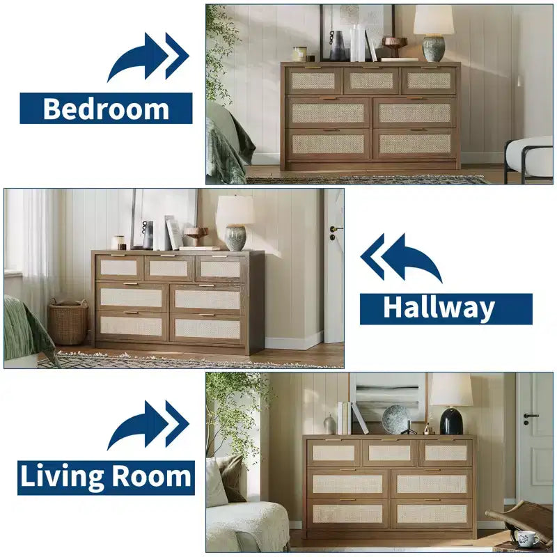 7 Drawers Dresser, 52 W Rattan Dresser, Modern Chest of Drawers with Metal Handle, Wood Closet Clothes Storage, for Living Room, Hallway, TV Stand