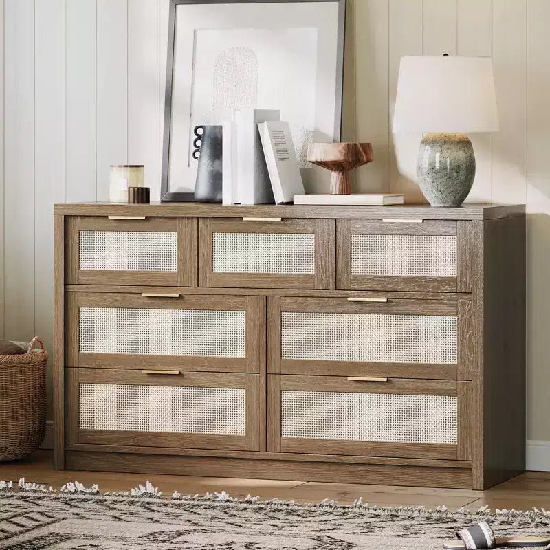 7 Drawers Dresser, 52 W Rattan Dresser, Modern Chest of Drawers with Metal Handle, Wood Closet Clothes Storage, for Living Room, Hallway, TV Stand