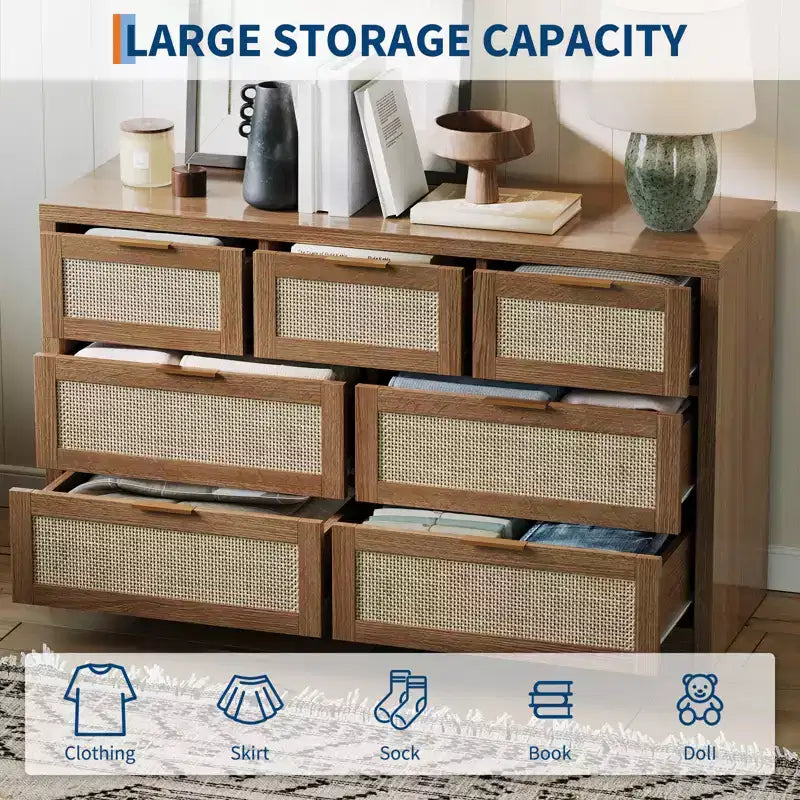 7 Drawers Dresser, 52 W Rattan Dresser, Modern Chest of Drawers with Metal Handle, Wood Closet Clothes Storage, for Living Room, Hallway, TV Stand
