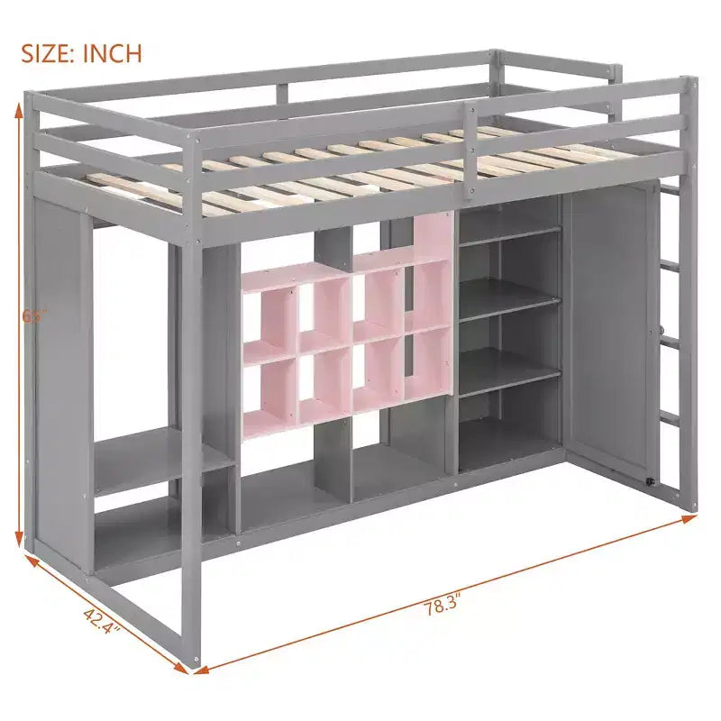 Twin Size Wood Loft Bed, Smart Storage with Wardrobe, Shelves & Cabinet, Colorful Design