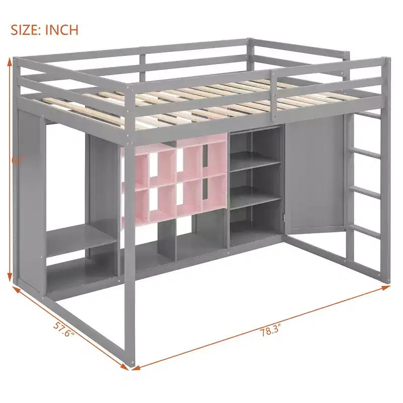 Twin Size Wood Loft Bed, Smart Storage with Wardrobe, Shelves & Cabinet, Colorful Design