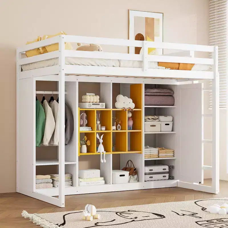 Twin Size Wood Loft Bed, Smart Storage with Wardrobe, Shelves & Cabinet, Colorful Design