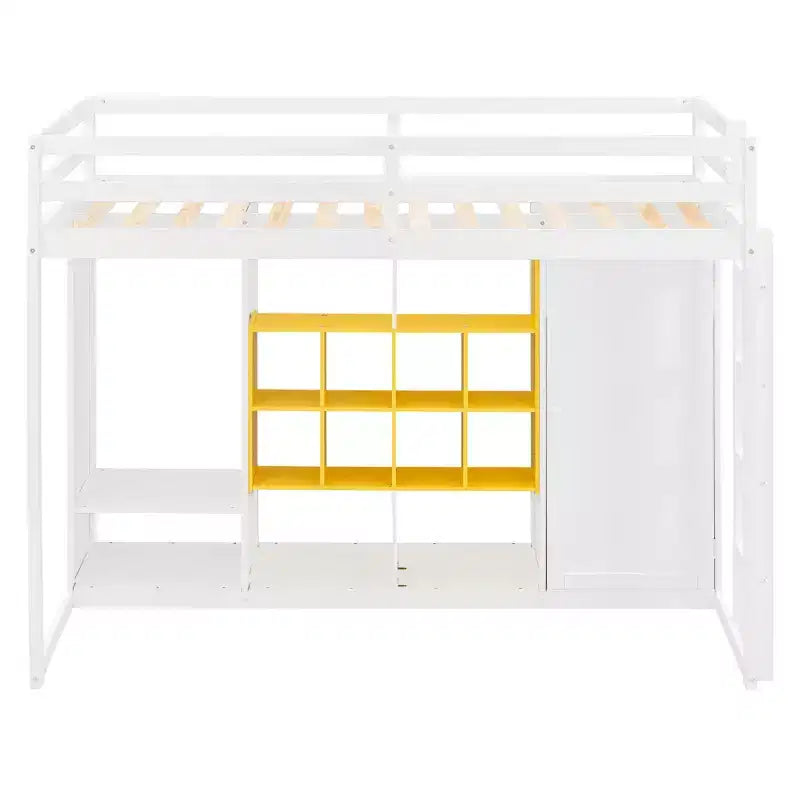 Twin Size Wood Loft Bed, Smart Storage with Wardrobe, Shelves & Cabinet, Colorful Design