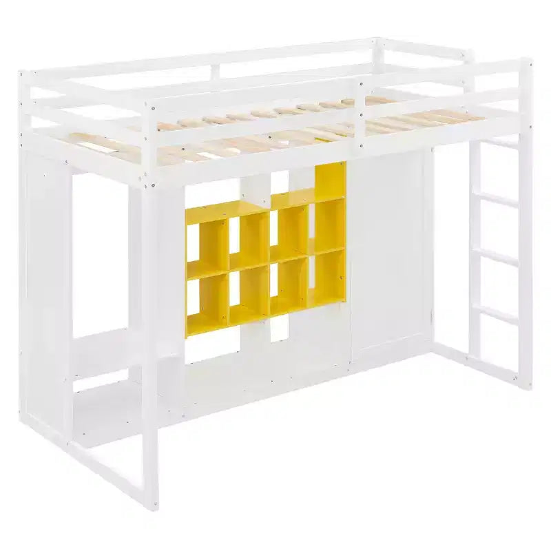 Twin Size Wood Loft Bed, Smart Storage with Wardrobe, Shelves & Cabinet, Colorful Design