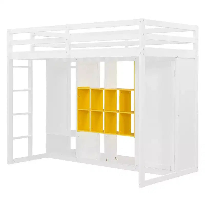 Twin Size Wood Loft Bed, Smart Storage with Wardrobe, Shelves & Cabinet, Colorful Design