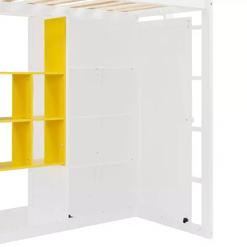 Twin Size Wood Loft Bed, Smart Storage with Wardrobe, Shelves & Cabinet, Colorful Design