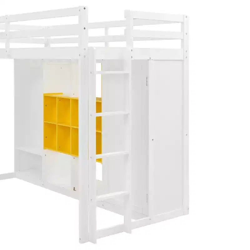 Twin Size Wood Loft Bed, Smart Storage with Wardrobe, Shelves & Cabinet, Colorful Design
