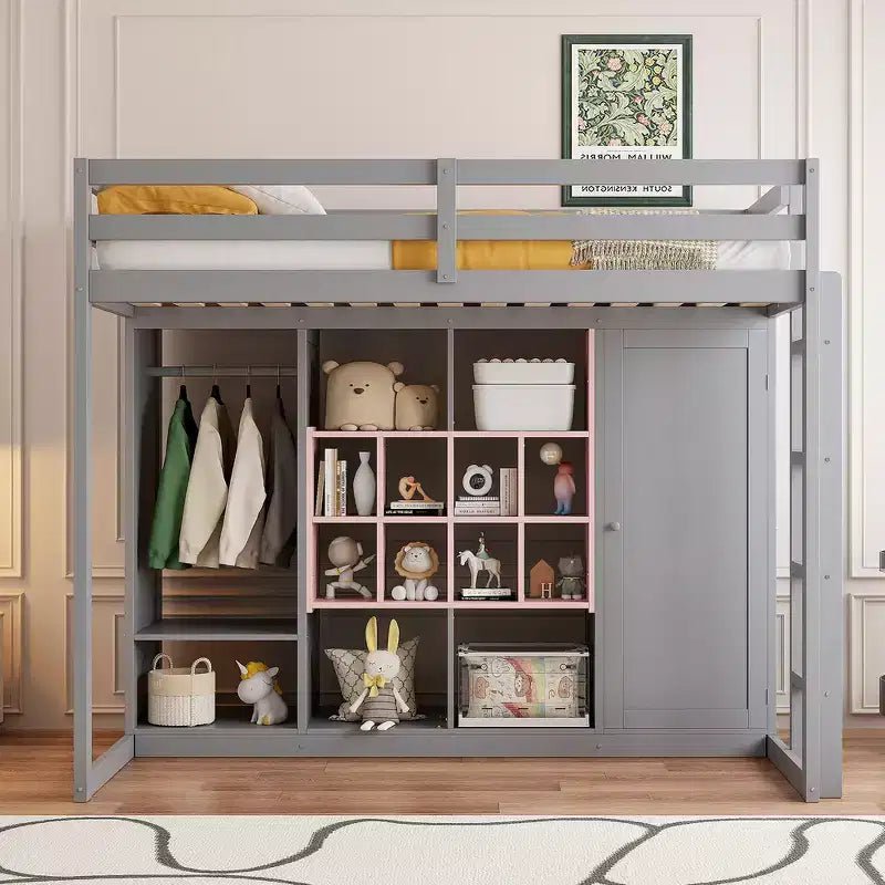 Twin Size Wood Loft Bed, Smart Storage with Wardrobe, Shelves & Cabinet, Colorful Design