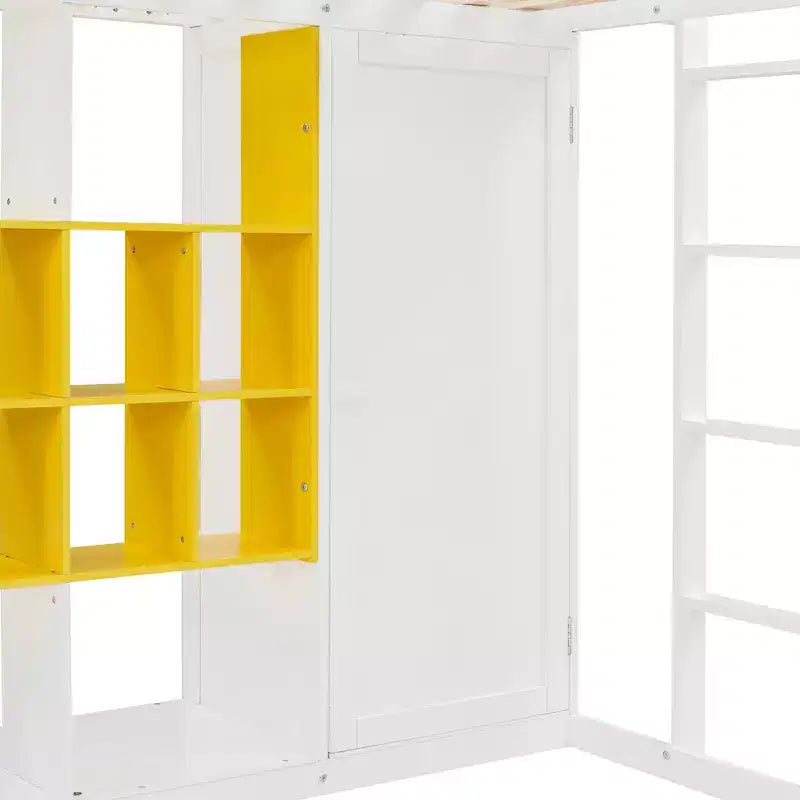 Twin Size Wood Loft Bed, Smart Storage with Wardrobe, Shelves & Cabinet, Colorful Design