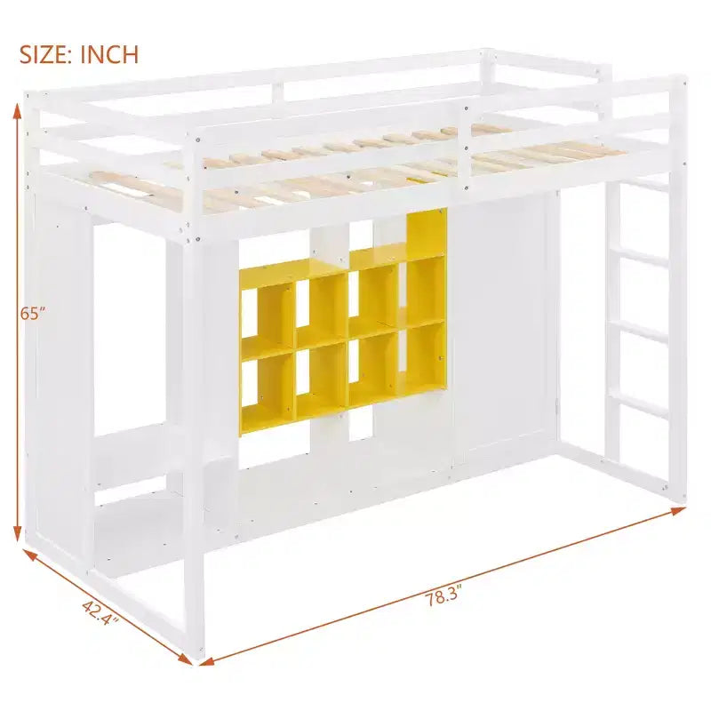 Twin Size Wood Loft Bed, Smart Storage with Wardrobe, Shelves & Cabinet, Colorful Design