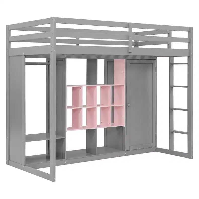 Twin Size Wood Loft Bed, Smart Storage with Wardrobe, Shelves & Cabinet, Colorful Design