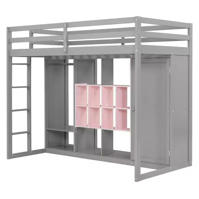 Twin Size Wood Loft Bed, Smart Storage with Wardrobe, Shelves & Cabinet, Colorful Design