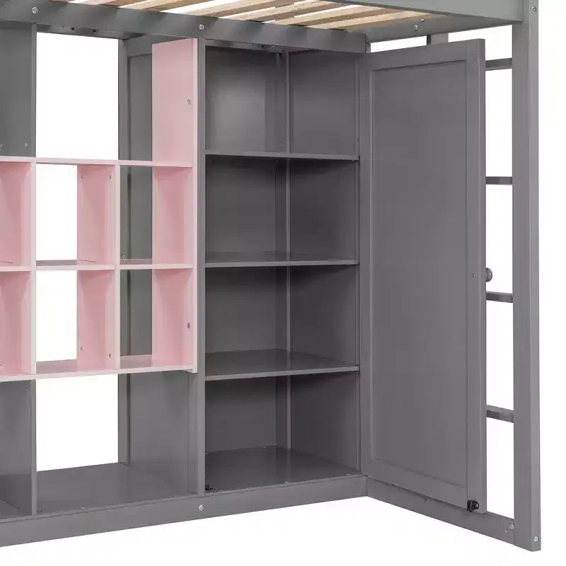 Twin Size Wood Loft Bed, Smart Storage with Wardrobe, Shelves & Cabinet, Colorful Design