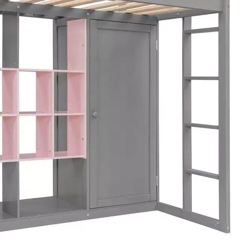 Twin Size Wood Loft Bed, Smart Storage with Wardrobe, Shelves & Cabinet, Colorful Design