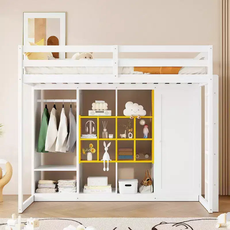 Twin Size Wood Loft Bed, Smart Storage with Wardrobe, Shelves & Cabinet, Colorful Design