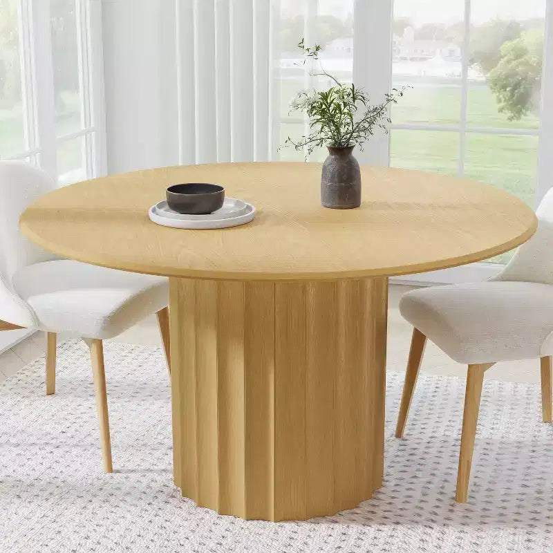 PexFix 52 Wood Round Dining Table Kitchen Table for 4-6 with Arc-Shaped Edge Top & Fluted Pedestal for Living/Dining Room Coffee Office Natural