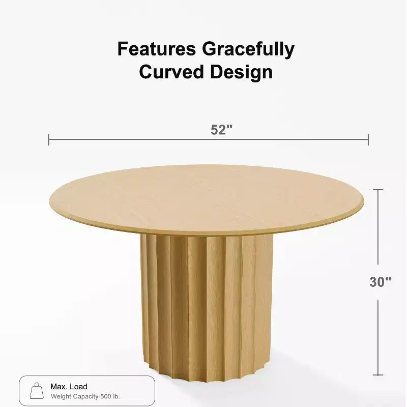 PexFix 52 Wood Round Dining Table Kitchen Table for 4-6 with Arc-Shaped Edge Top & Fluted Pedestal for Living/Dining Room Coffee Office Natural