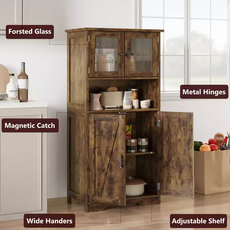 50 Tall Kitchen Cabinet with Glass Doors and Adjustable Shelves for Kitchen, Pantry, Living Room, White
