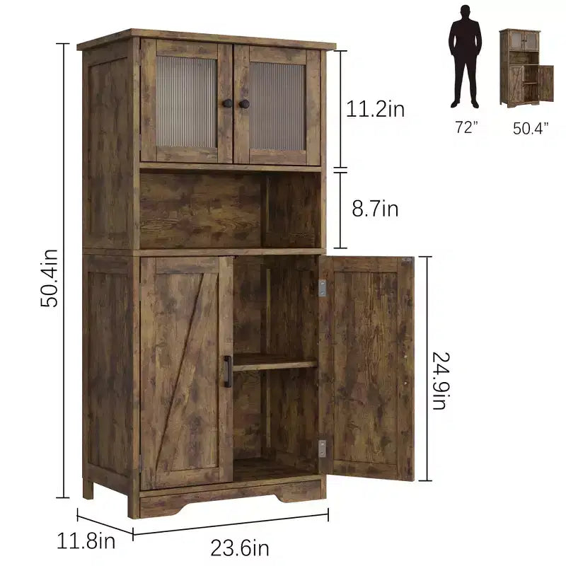 50 Tall Kitchen Cabinet with Glass Doors and Adjustable Shelves for Kitchen, Pantry, Living Room, White