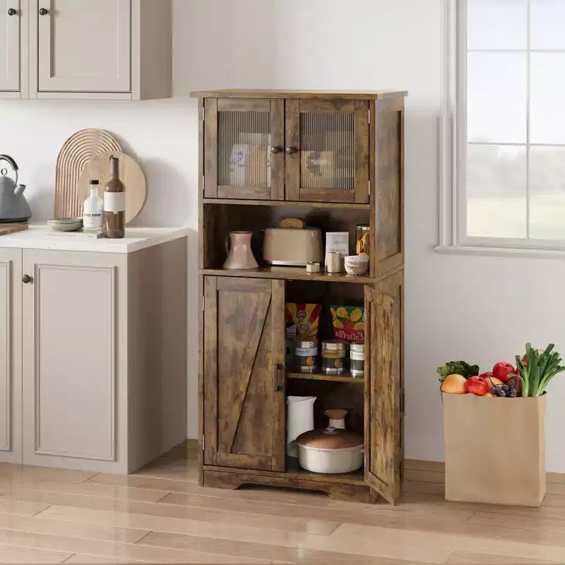 50 Tall Kitchen Cabinet with Glass Doors and Adjustable Shelves for Kitchen, Pantry, Living Room, White
