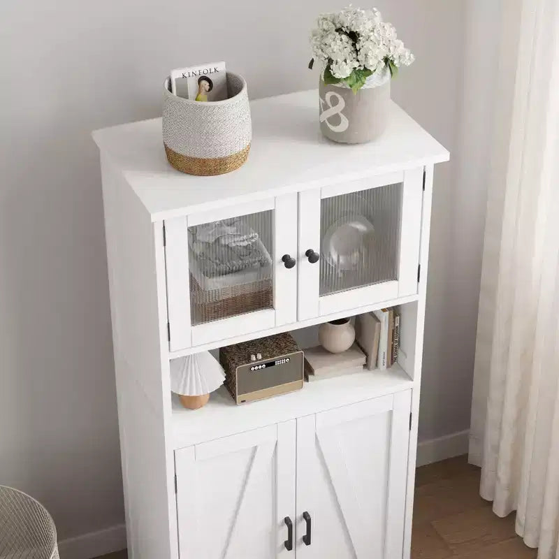 50 Tall Kitchen Cabinet with Glass Doors and Adjustable Shelves for Kitchen, Pantry, Living Room, White