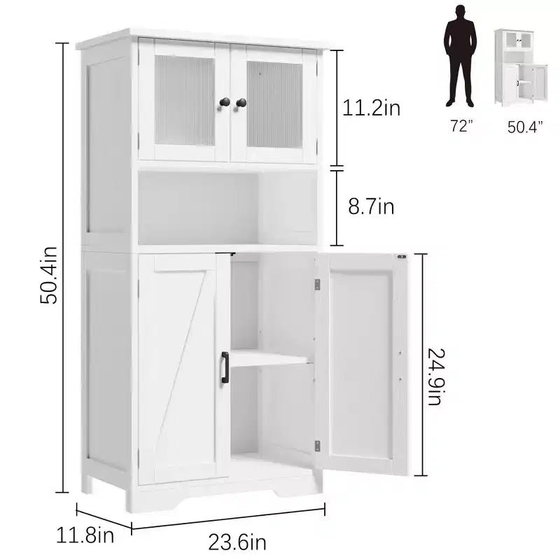 50 Tall Kitchen Cabinet with Glass Doors and Adjustable Shelves for Kitchen, Pantry, Living Room, White