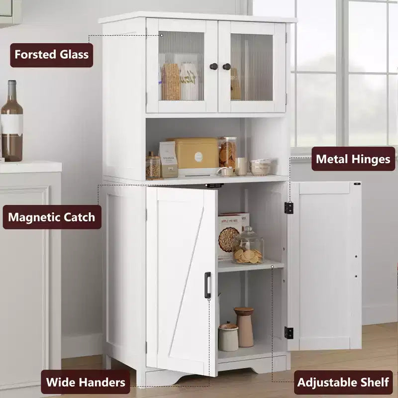 50 Tall Kitchen Cabinet with Glass Doors and Adjustable Shelves for Kitchen, Pantry, Living Room, White