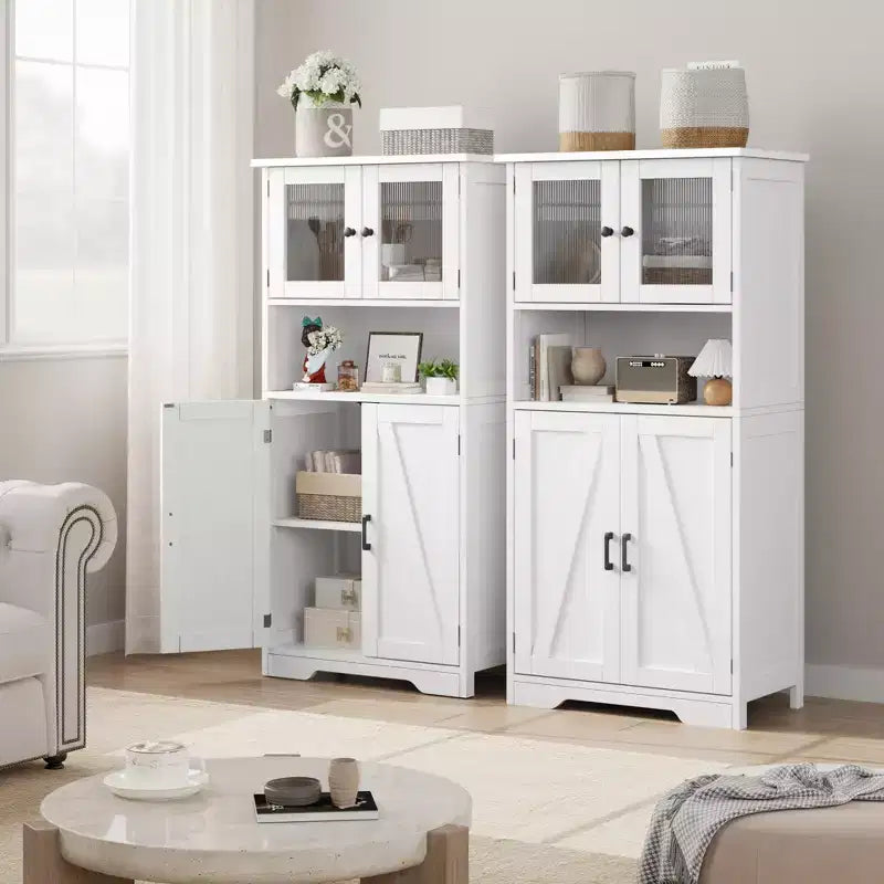 50 Tall Kitchen Cabinet with Glass Doors and Adjustable Shelves for Kitchen, Pantry, Living Room, White