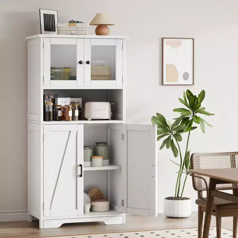 50 Tall Kitchen Cabinet with Glass Doors and Adjustable Shelves for Kitchen, Pantry, Living Room, White