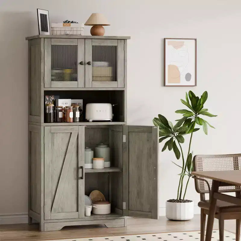 50 Tall Kitchen Cabinet with Glass Doors and Adjustable Shelves for Kitchen, Pantry, Living Room, White