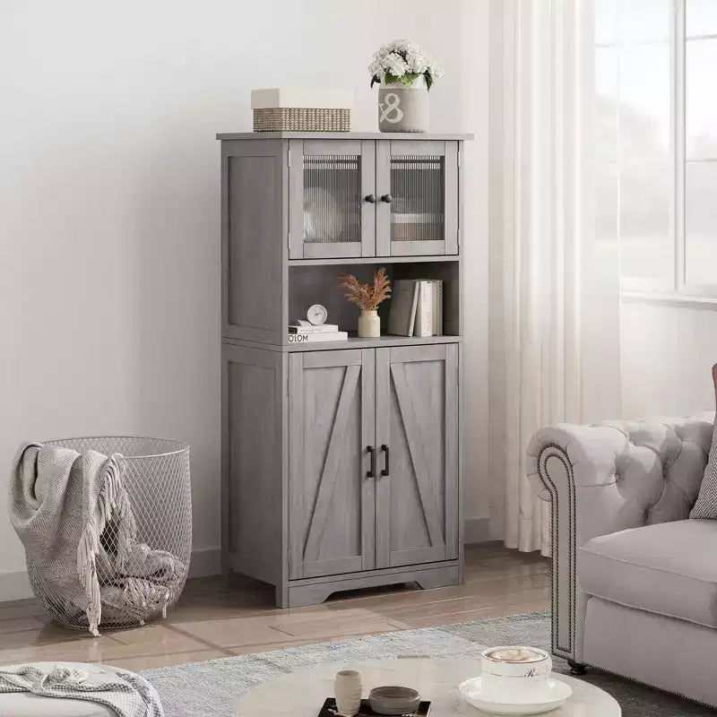 50 Tall Kitchen Cabinet with Glass Doors and Adjustable Shelves for Kitchen, Pantry, Living Room, White