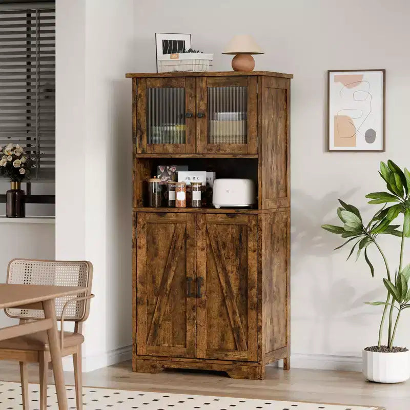 50 Tall Kitchen Cabinet with Glass Doors and Adjustable Shelves for Kitchen, Pantry, Living Room, White
