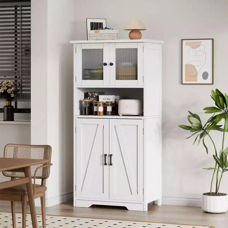 50 Tall Kitchen Cabinet with Glass Doors and Adjustable Shelves for Kitchen, Pantry, Living Room, White
