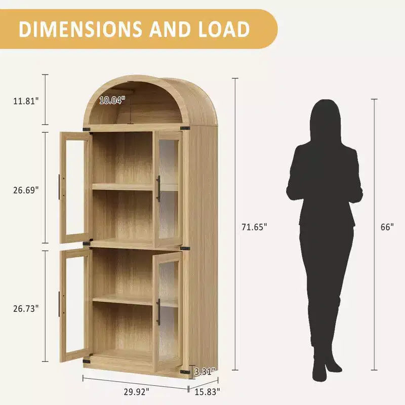 Arched Bookshelf with Doors and Drawers, Farmhouse Display Storage Shelves, 71.4in Tall Wooden Display Cabinet Rounded Bookcases