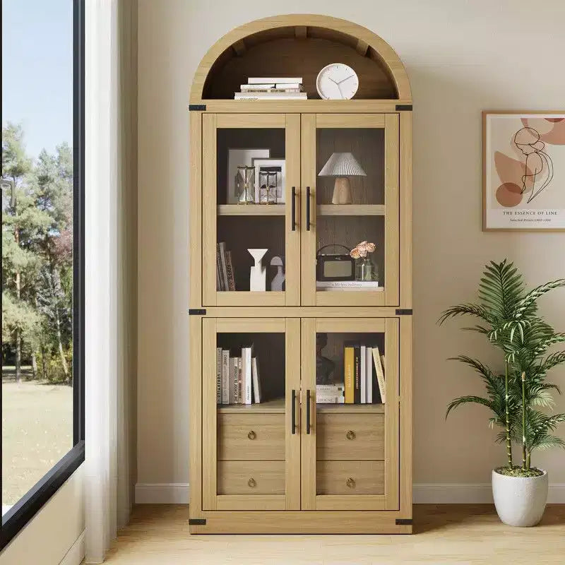 Arched Bookshelf with Doors and Drawers, Farmhouse Display Storage Shelves, 71.4in Tall Wooden Display Cabinet Rounded Bookcases