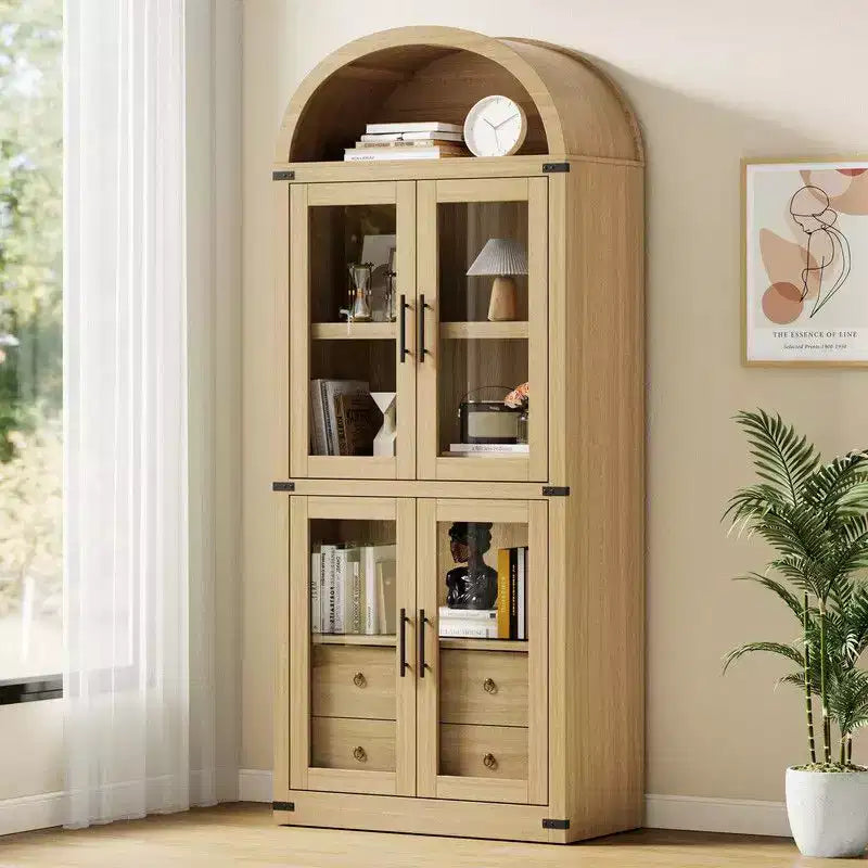 Arched Bookshelf with Doors and Drawers, Farmhouse Display Storage Shelves, 71.4in Tall Wooden Display Cabinet Rounded Bookcases