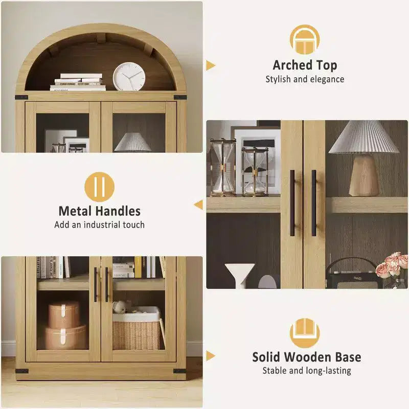 Arched Bookshelf with Doors and Drawers, Farmhouse Display Storage Shelves, 71.4in Tall Wooden Display Cabinet Rounded Bookcases