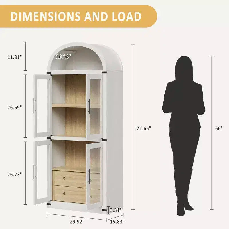Arched Bookshelf with Doors and Drawers, Farmhouse Display Storage Shelves, 71.4in Tall Wooden Display Cabinet Rounded Bookcases