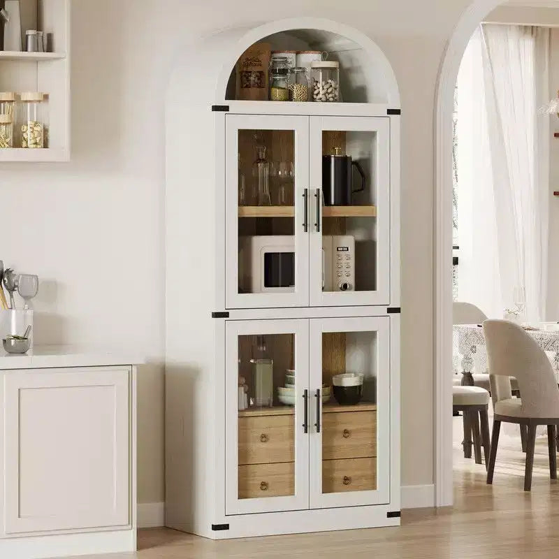 Arched Bookshelf with Doors and Drawers, Farmhouse Display Storage Shelves, 71.4in Tall Wooden Display Cabinet Rounded Bookcases