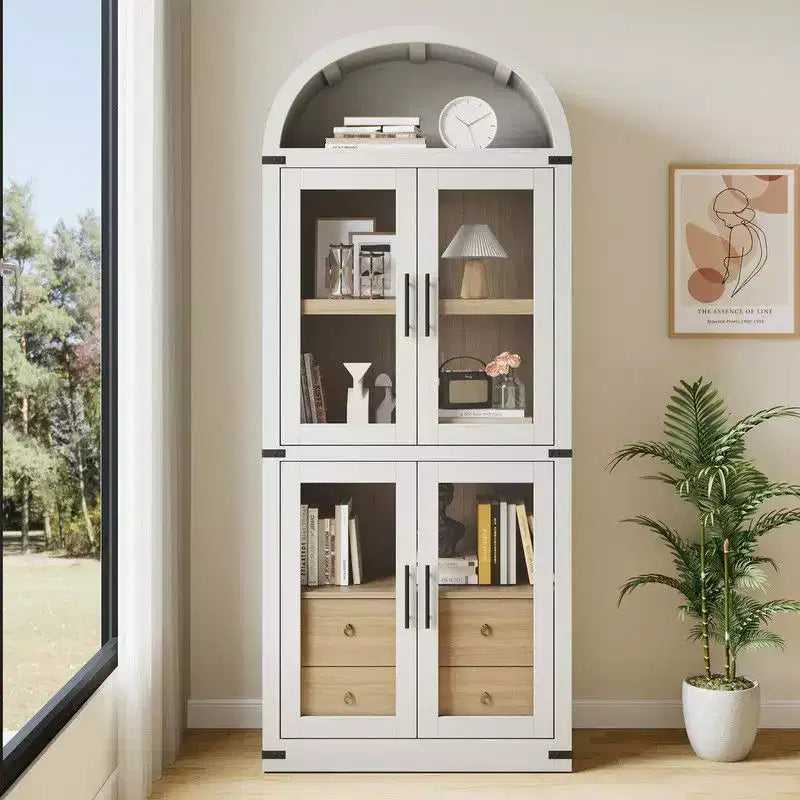 Arched Bookshelf with Doors and Drawers, Farmhouse Display Storage Shelves, 71.4in Tall Wooden Display Cabinet Rounded Bookcases