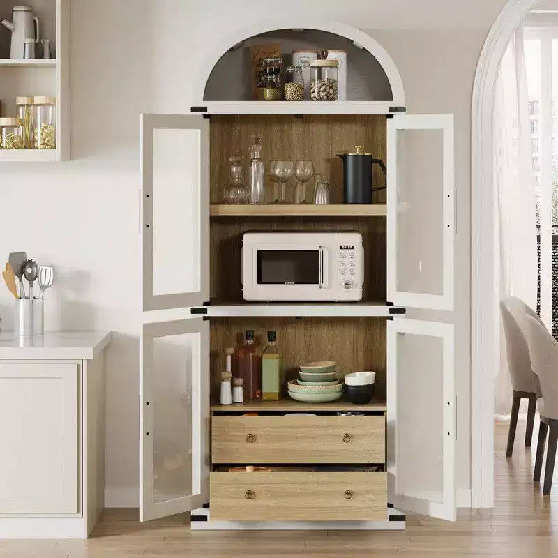 Arched Bookshelf with Doors and Drawers, Farmhouse Display Storage Shelves, 71.4in Tall Wooden Display Cabinet Rounded Bookcases