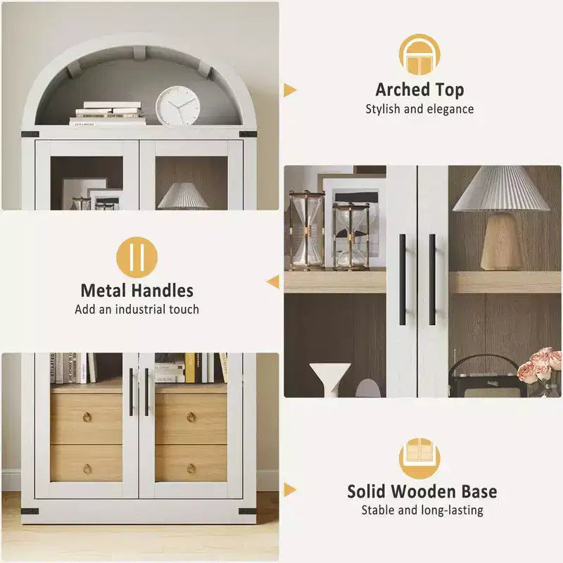 Arched Bookshelf with Doors and Drawers, Farmhouse Display Storage Shelves, 71.4in Tall Wooden Display Cabinet Rounded Bookcases