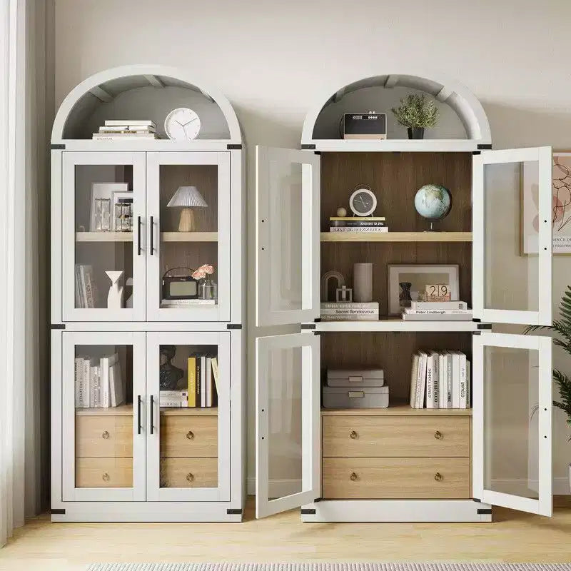 Arched Bookshelf with Doors and Drawers, Farmhouse Display Storage Shelves, 71.4in Tall Wooden Display Cabinet Rounded Bookcases
