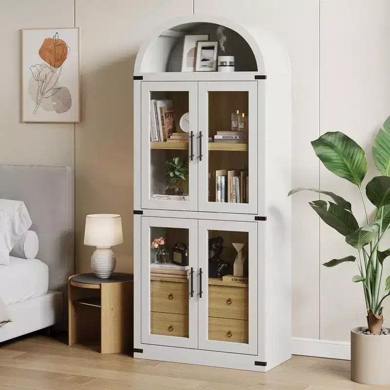 Arched Bookshelf with Doors and Drawers, Farmhouse Display Storage Shelves, 71.4in Tall Wooden Display Cabinet Rounded Bookcases