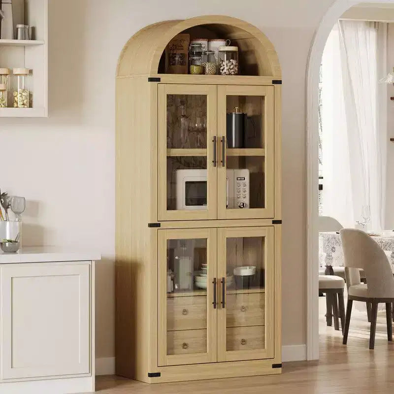 Arched Bookshelf with Doors and Drawers, Farmhouse Display Storage Shelves, 71.4in Tall Wooden Display Cabinet Rounded Bookcases