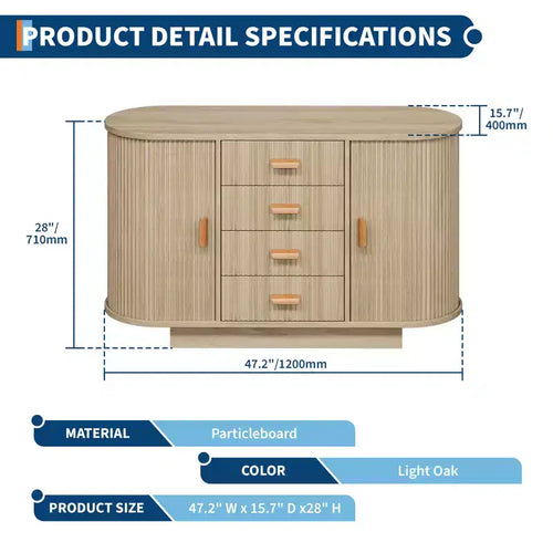 Buffet moderne cannelé de 120 cm avec 4 tiroirs, grand buffet de style ferme avec 2 portes coulissantes cintrées - Meuble de bar à café pour salle à manger